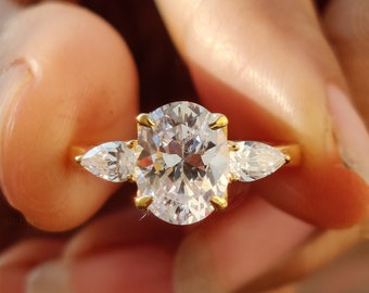 3 Stone Oval Engagement Ring / Oval & Pear Moissanite Ring / Sterling Silver / Three Stone Wedding Ring / Anniversary Gift / Classic Ring