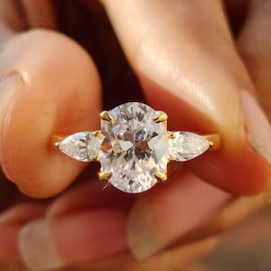 3 Stone Oval Engagement Ring / Oval & Pear Moissanite Ring / Sterling Silver / Three Stone Wedding Ring / Anniversary Gift / Classic Ring