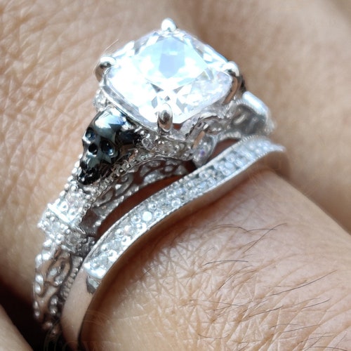 Gothic Skull Bridal Wedding Ring Sets Rose Floral Engagement - Etsy