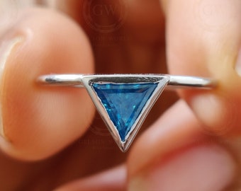 14K Gold Triangle Shape Pacific Blue Minimalist engagement ring, Matching Stacking Ring, Dainty Diamond Ring, Solitaire Gemstone Ring