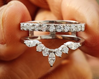 Moissanite Sterling Silver Ring Enhancer, Marquise Crown Wedding Band