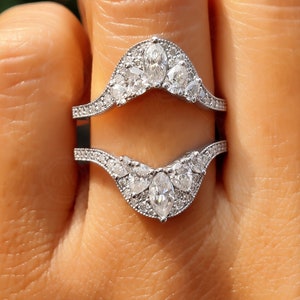 Art Deco Moissanite Ring Enhancers And Wraps, Unique Engagement Ring Jacket, Moissanite Ring Guard, Double Curved Wedding Band