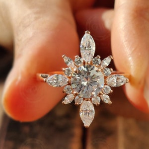 14k Gold Starburst Engagement Ring / Art Deco Wedding Ring / Round & Marquise Moissanite Starburst Ring / Women Starburst Ring /Gelson World