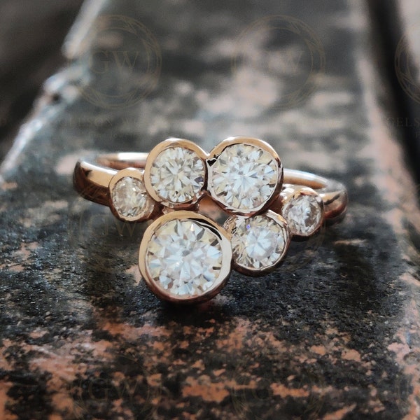 1.20 Ct 14k Solid Gold Round Moissanite Diamond Six Stone Anniversary ring, Bezel set Engagement Ring, Stacking Women ring