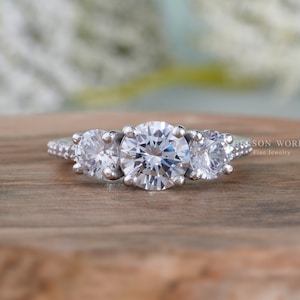 Moissanite Round Cut Three Stone Engagement Ring For Women, Triple Stone With Side Pave Stones Ring, Unique Promise Ring For Her