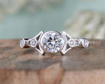 Art Deco Moissanite Engagement Ring, Unique Bezel Set Solitaire Ring, White Gold Promise Ring For Her, Anniversary Rings For Women