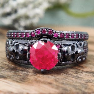 Gothic Skull Ruby Engagement Ring Set | Black Sterling Silver Wedding Band