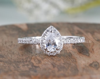 Pear Moissanite Halo Engagement Ring, 0.5Ct Teardrop Ring