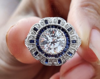 2.75 Ct Round Moissanite vintage Engagement Ring, Gemstone Art Deco Wedding Ring, Antique Sterling silver ring, Estate Women Jewelry