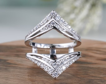 Moissanite Chevron Ring Guard, Gold Double V Wedding Band Enhancer