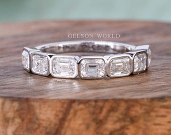 East West Emerald Cut Moissanite Wedding Band, Bezel Set Half Eternity Matching Band