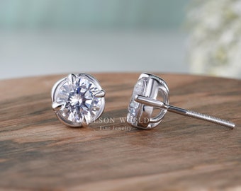 14K Solid Gold Solitaire Stud Earrings / Moissanite Earrings / Round Diamond Stud Earrings / Women Earring / Unique Earring design