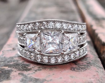 Vintage Art Deco Three Stone Moissanite Princess Cut Engagement Ring Set with Diamond Double Bands