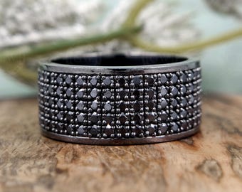 Black Moissanite Pave Wedding Band , Mens Sterling Silver Eternity Ring, 5 Row Wide Band