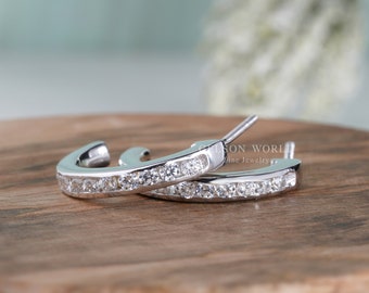 Channel Set Diamond C Shaped Earrings, Open Hoop Earrings For Women, Lab Grown Diamond C Hoop Earrings, Lab Created Diamond Gold Earrings