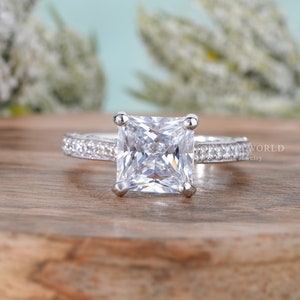 Princess Cut Diamond Solitaire Engagement Ring, Lab Grown Diamond Promise Rings For Women, 3 Sided Pave Side Stones Ring, Classic Ring