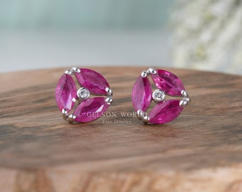 Natural Ruby Stud Earrings For Women, Marquise Ruby Flower Earrings, July Birthstone Studs, Bridesmaid Gift, Unique Earrings