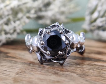 Floral Gothic Skull Ring with Black CZ - Nature Inspired 925 Sterling Silver Jewelry
