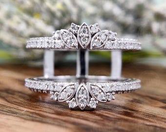 Round Moissanite Ring Wrap Enhancers in 10K White Gold, Crown Style Engagement Ring Guard