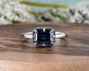 East West Emerald Cut Engagement Ring, Blue Emerald Cut Moissanite Solitaire Ring, Sideways Promise Ring For Her, Mom Birthstone Ring