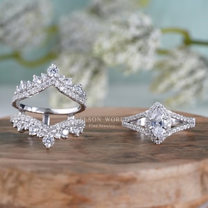 Art Deco Bridal Engagement Ring With Enhancer, Enhancer Wedding Ring Sets For Women, Moissanite Ring Guard Set Marquise Halo Ring Jacket Set