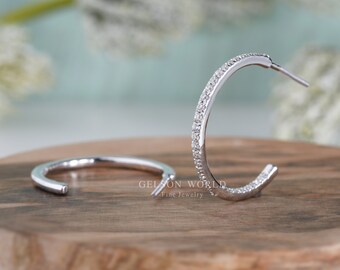 C Shaped Pave Diamond Earrings For Women, Open Hoop Earrings, Lab Grown Diamond C Hoop Earrings, 10K 14K Yellow White Rose Gold Earrings