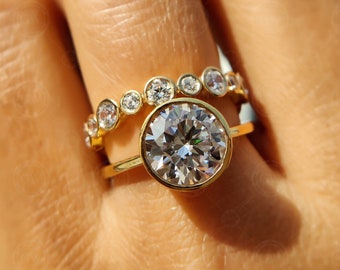 3Ct Round Moissanite Engagement Ring Set - 14K Gold Bridal Wedding Set with Bezel Solitaire & Eternity Band