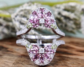 Pink Tourmaline Ring Enhancer, Floral Wedding Ring Guard, Peridot Wrap Ring, Vintage Statement Enhancer, Double Band Jacket Ring