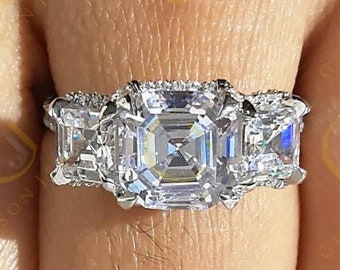 Asscher Cut Moissanite Ring, 3 Stone Asscher Cut Engagement Ring, Three Stone CZ Diamond Ring, Art Deco Style Ring, Promise Ring For Women