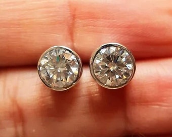 Bezel Set Moissanite Stud Earrings, Solid Gold Round Earrings