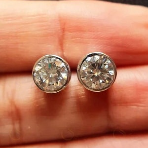 Bezel Set Solitaire Stud Earrings, Rubover Round Moissanite Studs For Women, Solid Gold Earrings, Bridesmaid Gift, Wedding Stud Earrings