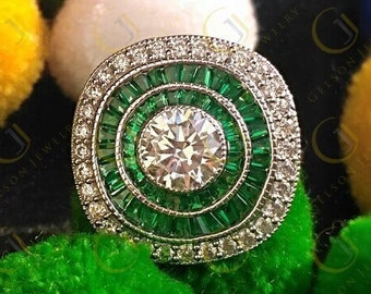 Moissanite Estate Jewelry Ring, Large Cocktail Ring, Art Deco Vintage Engagement Ring, Emerald Target Ring, Gold Estate Rings For Women