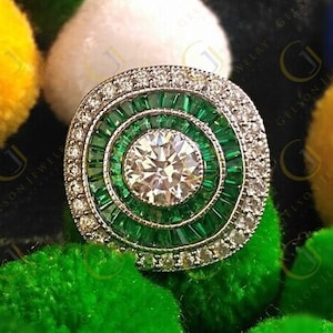 Moissanite Estate Jewelry Ring, Large Cocktail Ring, Art Deco Vintage Engagement Ring, Emerald Target Ring, Gold Estate Rings For Women