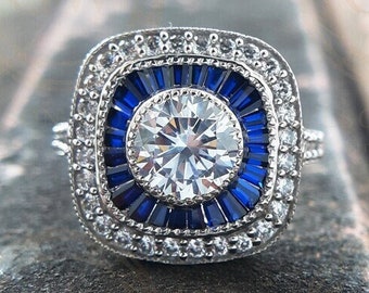 Sapphire Target Ring, Double Halo Engagement Ring, Vintage Milgrain Ring, Unique Art Deco Ring For Women, Moissanite Bezel Set Round Ring