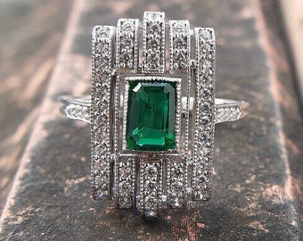 Vintage Art Deco Green Emerald CZ Milgrain Cocktail Ring | 925 Silver Estate Jewelry