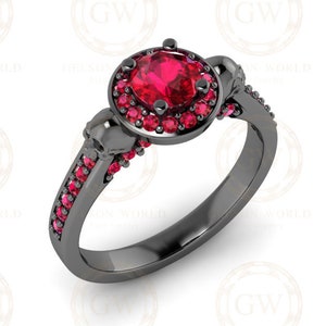 Halo Engagement Ring, Gothic Women Ring, Skull ring for Her, Two skull rings, Ruby Birthstone Wedding Ring, Halloween Promise Ring Gift