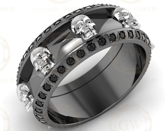 8 mm Wide Unique Men's Gothic Skull Wedding Band, Punk Style Biker Ring, Black Moissanite Diamond Silver Ring Anniversary Ring Eternity Band