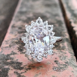 Elongated Oval Moissanite Ring, 3Ct Oval Halo Engagement Ring, Long Oval Stone Ring, Art Deco Moissanite Rings For Women, Silver & Gold Ring