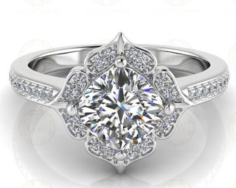 1.55  Ct Cushion Cut Halo Engagement Ring, Vintage Style,  Sterling Silver, Simulated Diamond, Wedding Ring For Women, Gift For Her