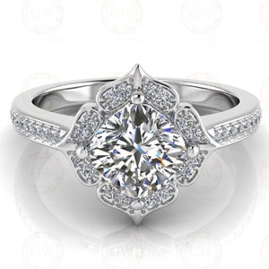 1.55  Ct Cushion Cut Halo Engagement Ring, Vintage Style,  Sterling Silver, Simulated Diamond, Wedding Ring For Women, Gift For Her