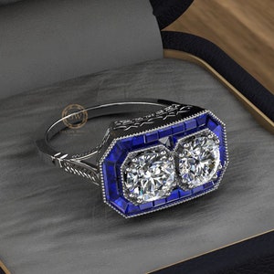Toi et Moi Art Deco Halo Engagement Ring / CZ Blue Sapphire Baguette Estate Ring