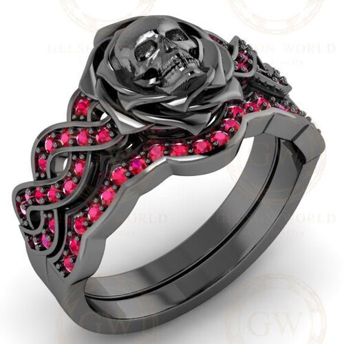 Skull Bridal Gothic Wedding Ring Sets Rose Floral Engagement Etsy