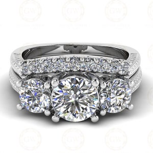 2.20 Ct Round Cut Moissanite Vintage 3 Stone Engagement Wedding Ring Set, Bridal Ring Set, Matching Band, Sterling Silver, Gift For Her