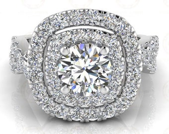 2 Tcw Round Cut Double Halo Engagement Ring, Split Twist Shank, Sterling Silver, Classic Wedding Ring, Women Propose Ring, Gift For Her