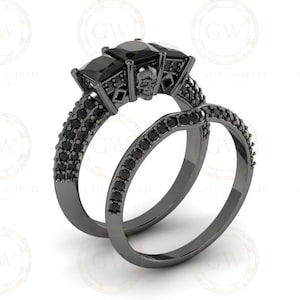 2.20 Ct Gothic Skull Bridal Wedding Ring Set, Unique Skull Princess Diamond Knife Edge 3 Stone Engagement ring set, Stacking Matching Band