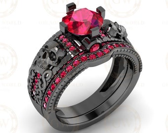 1.75 Ct Gothic Skull Bridal Wedding Ring Set, Unique Ruby July Birthstone Vintage Engagement ring set, Matching Band for her, Black Skull