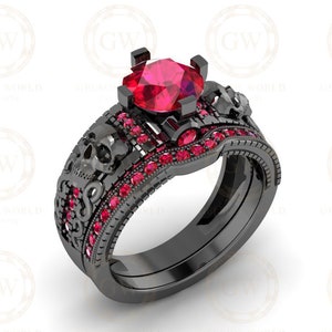 1.75 Ct Gothic Skull Bridal Wedding Ring Set, Unique Ruby July Birthstone Vintage Engagement ring set, Matching Band for her, Black Skull