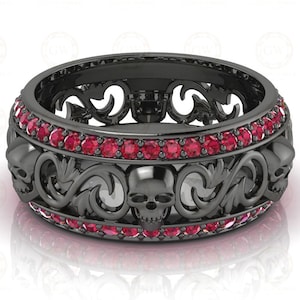 8 mm brede bloemen unieke gotische schedel trouwring, geboortesteenring, juli ruby edelsteenring, op de natuur geïnspireerde eeuwigheid band, sterlingzilver