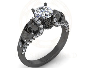 Moissanite Gothic Skull Engagement Ring, Double Skull Diamond Ring, Black Wedding Rings For Women, Gothic Promise Ring For Her