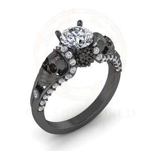 Moissanite Gothic Schädel Verlobungsring, Doppel Schädel Diamantring, schwarze Trauringe für Frauen, Gothic Versprechen Ring für Sie